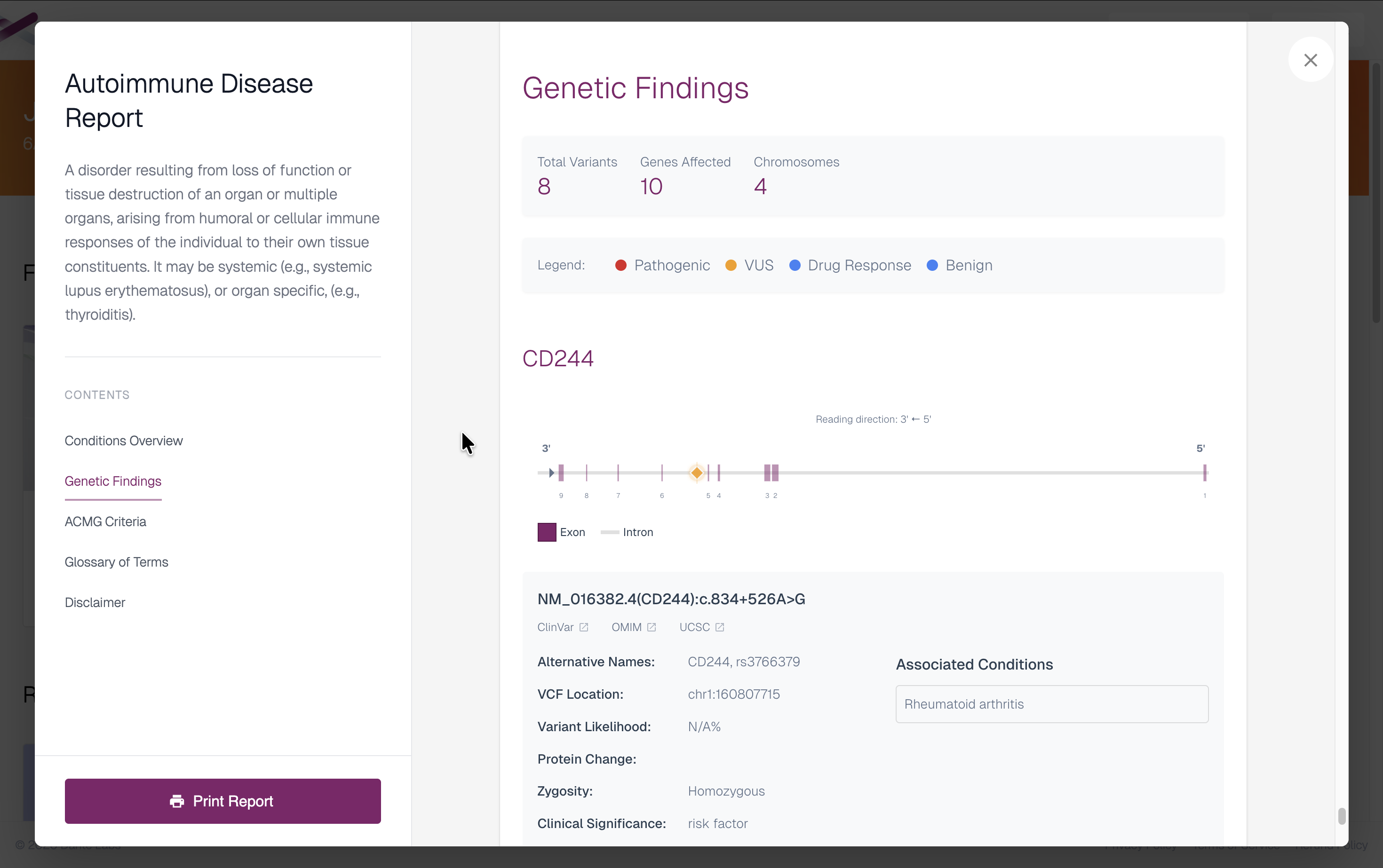 Genetic findings view showing variant detail from 30X clinical sequencing